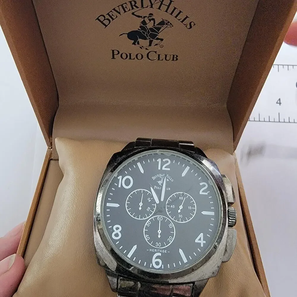 Beverly Hills Polo Club Mens Watch 44mm Black Dial Silver Stainless Bracelet